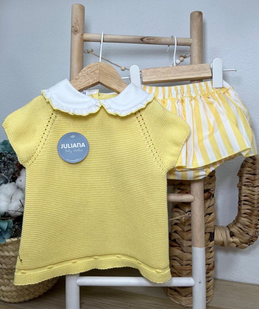 CONJUNTO BRAGA VOLANTE TELA RAYAS BLANCO/AMARILLO / JULIANA